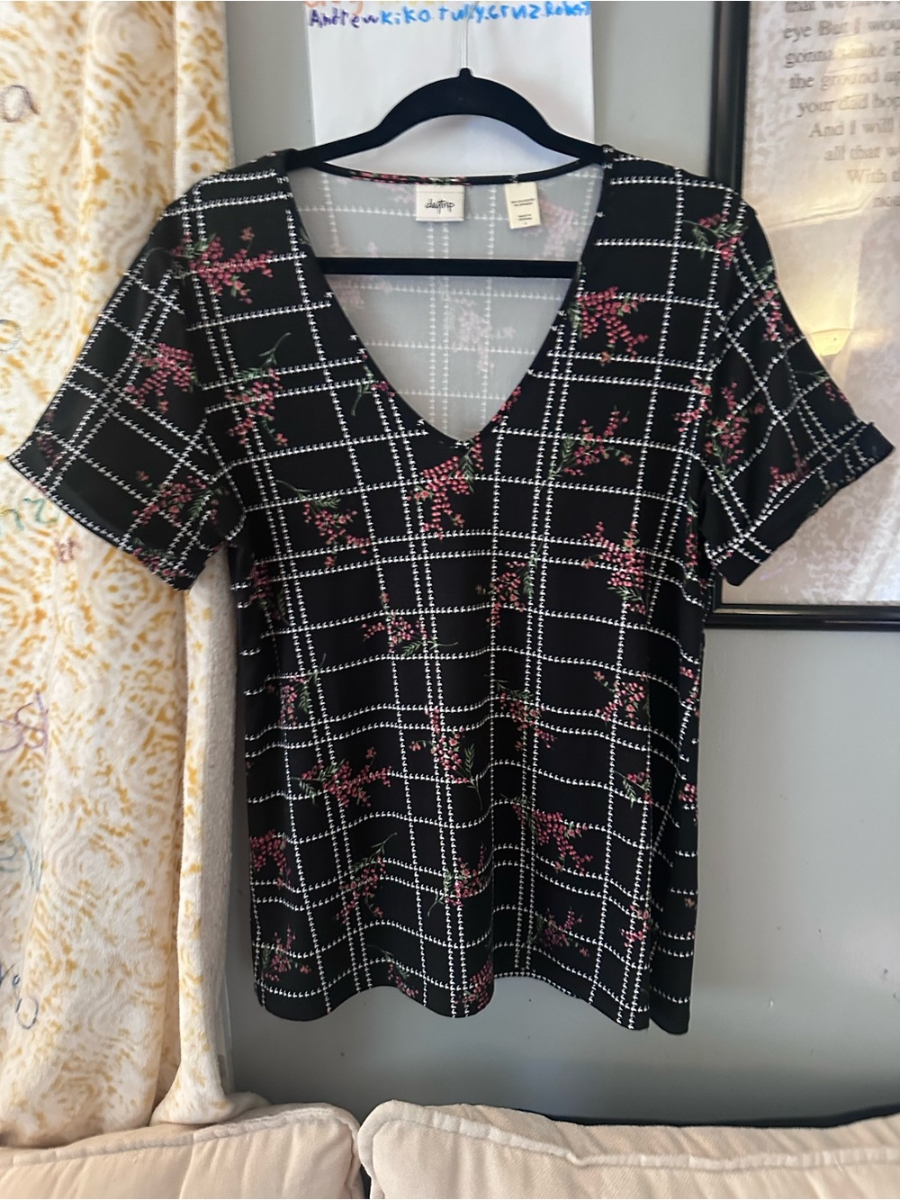 Daytrip Black Grid V-Neck Tee with Pink Floral Accents